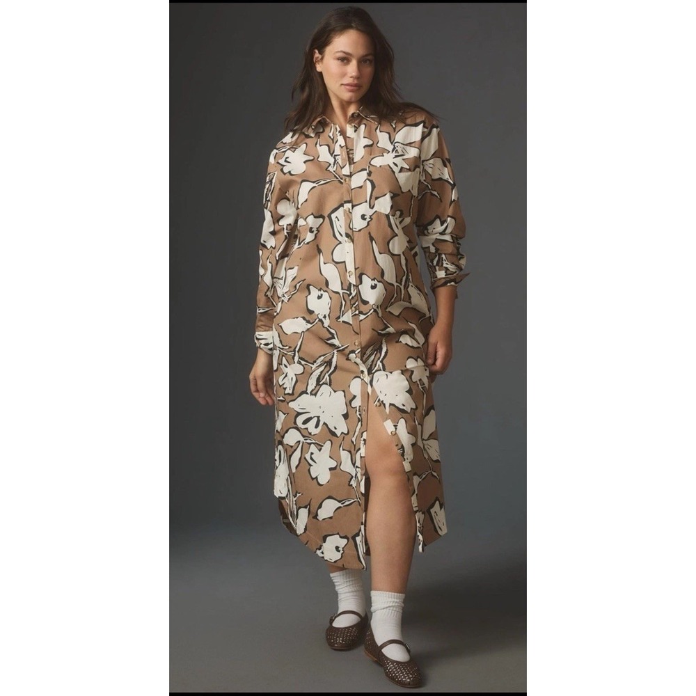 Anthropologie Maeve Soren Neutral Floral Cotton Long-Sleeve‎ Shirt Dress 2X Plus